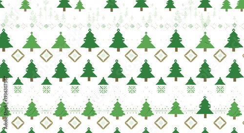Seamless winter pattern showcases green pine trees and golden diamonds on a clean white background for holiday wrapping paper or fabric.
