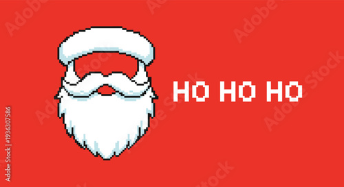 Festive pixel art design features a white Santa Claus beard and hat with the classic Ho Ho Ho holiday message on a vibrant red background.