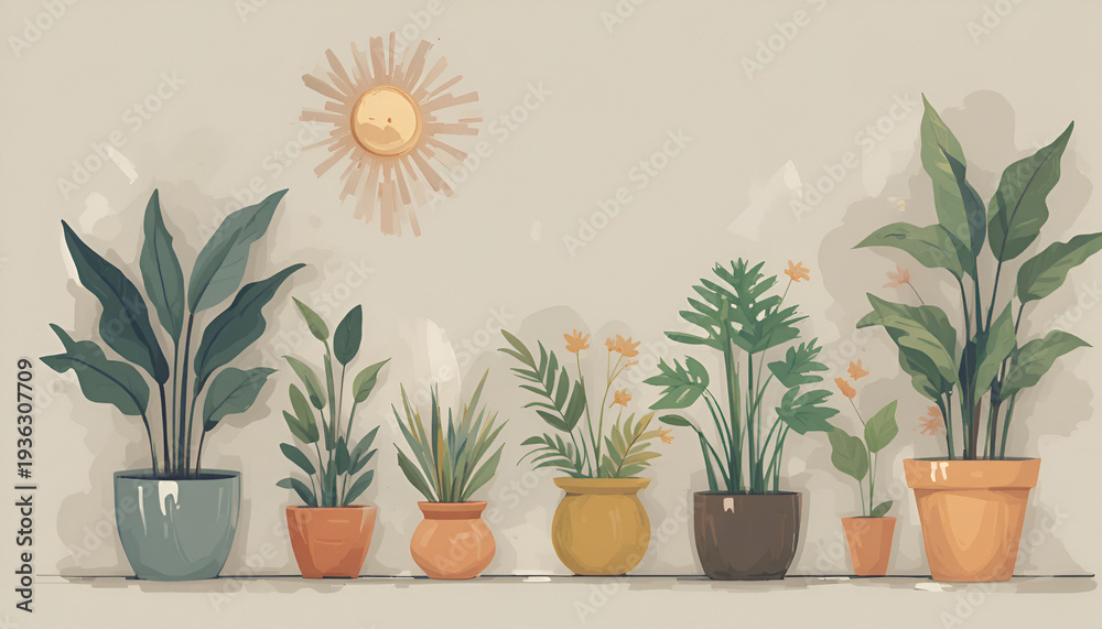 Fototapeta premium Minimal Nature Illustration with Plants and Sun – Calm Lifestyle Background