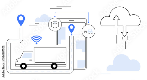Logistics technology. Logistics enhanced by cloud computing and data connectivity. Logistics solutions with GPS tracking, wireless communication, and cloud integration. For delivery systems, supply