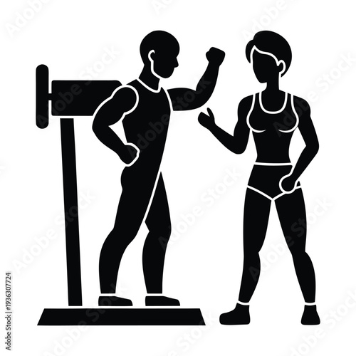 Fitness coach instructing client silhouette scene vector illustration 