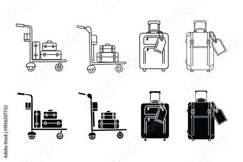 Collection of luggage carts and suitcases with luggage tags in outline and solid styles