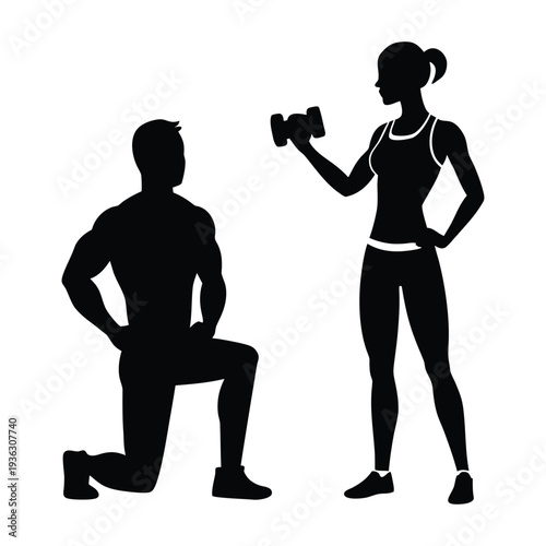 Fitness coach instructing client silhouette scene vector illustration 