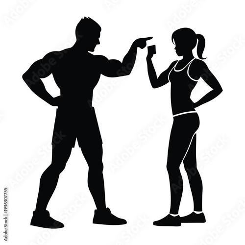 Fitness coach instructing client silhouette scene vector illustration 