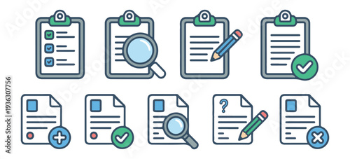 Clipboard and document icons with checkmarks, magnifying glass, pencils, and crosses