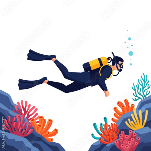 Scuba diver exploring vibrant coral reef underwater, ocean adventure, marine life discovery