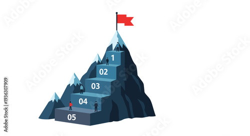 Motivational business infographic shows a snow capped mountain with steps numbered one to five leading towards a red success flag.