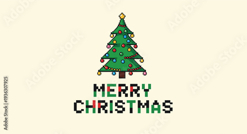 Pixel art holiday greeting shows a decorated Christmas tree with a golden star on top and the message Merry Christmas in colorful block letters.
