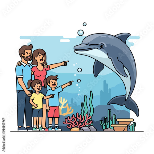 Family at Aquarium Watching Dolphin Jump, Kids Pointing at Marine Mammal