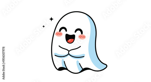 Sweet little ghost character with a blushing face and clasped hands floats under tiny stars against a clean white background for Halloween.