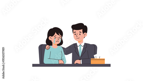 Man Comforting Crying Woman. Empathy and Support from Colleague in Professional Setting. Emotional Care Illustration.