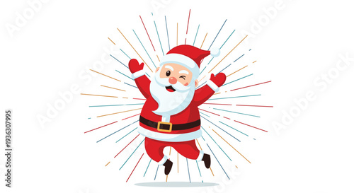 Joyful Santa Claus character jumps for joy with a wink against a background of colorful radiating lines to celebrate the holiday season.