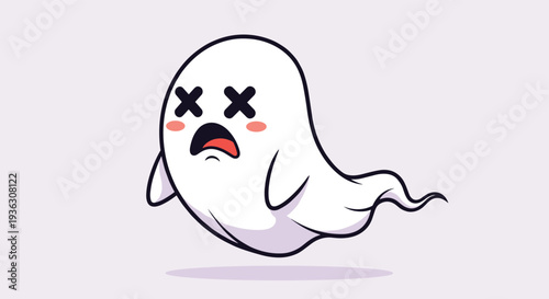 Cute ghost character looks exhausted or dead with X eyes and its mouth wide open floating against a pale purple background for Halloween.