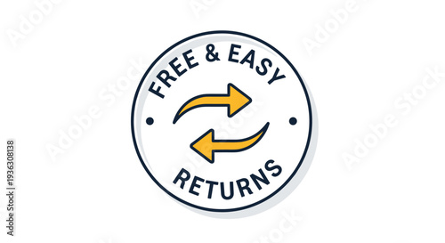 Circular shipping service logo features the text Free and Easy Returns with two golden arrows indicating a simple exchange or return process.