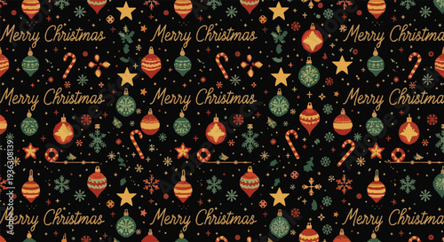 Dark festive Christmas pattern is decorated with Merry Christmas text, colorful baubles, stars, candy canes, and snowflakes for the holidays.