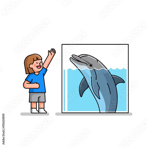 Happy child waves at dolphin in aquarium, educational marine life interaction