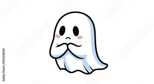 Adorable white ghost character with a shy expression and blushing cheeks floats on a plain white background for a cute Halloween theme.