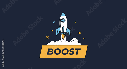Modern rocket launch illustration features a white spaceship taking off with a cloud of smoke and the word boost to represent growth.