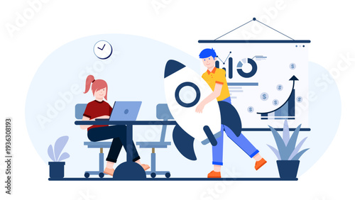 A startup founder launching a rocket next to a growth chart representing rapid business expansion