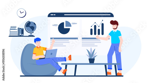 Two male entrepreneurs reviewing data analytics on a large screen while working in a lounge area