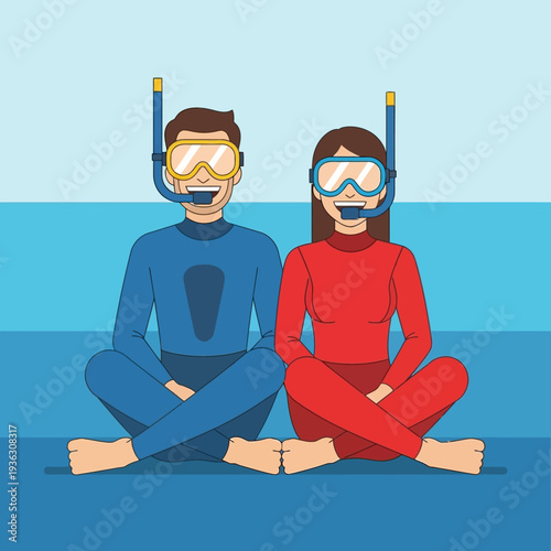 Happy couple in wetsuits and snorkeling gear sitting by the sea