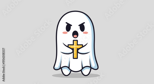 Angry ghost character holding a golden cross stands ready to ward off evil for a funny and spiritual Halloween themed graphic design.