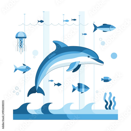 Jumping Dolphin, Fish, Jellyfish and Underwater Scene with Waves