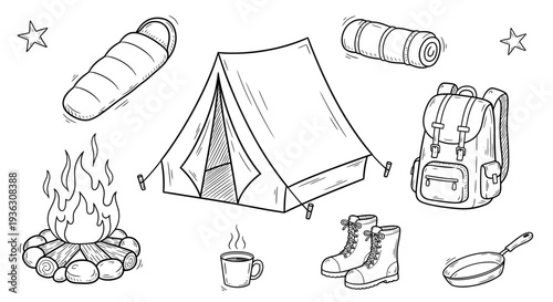 Camping Essentials Set with Tent, Backpack, and Outdoor Gear Illustrated