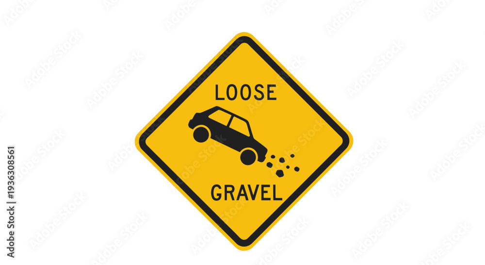 Obraz premium Warning sign for loose gravel road with vehicle illustration on a yellow diamond-shaped sign