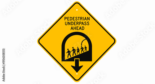 Warning sign indicating pedestrian underpass ahead with silhouetted figures and downward arrow