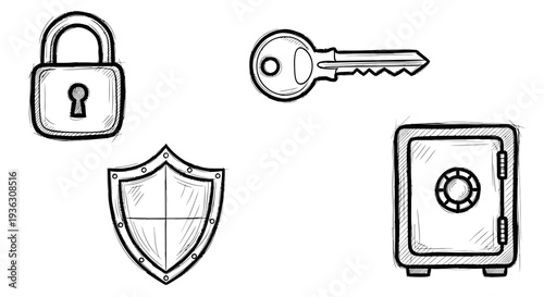 Security icons collection featuring lock, key, shield, and safe icons in a simple line art style.