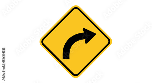 A yellow road sign with a black arrow pointing to the right on a signpost in a curve.