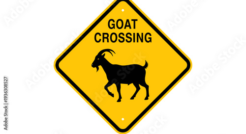 Yellow road sign with black border displaying goat crossing warning, viewed from straight on, featuring a black silhouette of a goat