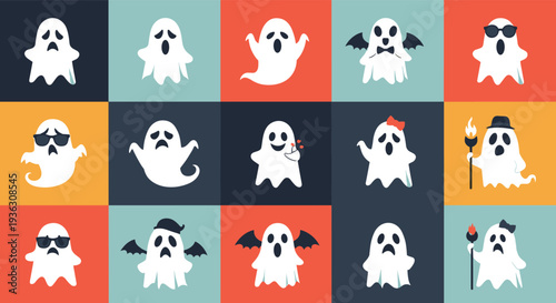 Diverse grid of fifteen ghost icons features different expressions and accessories like sunglasses, hats, and wings in a colorful layout.