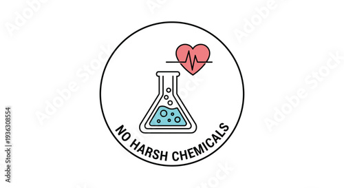 Cosmetic or food label badge indicating no harsh chemicals featuring a laboratory flask and heart rhythm line in a circular frame.