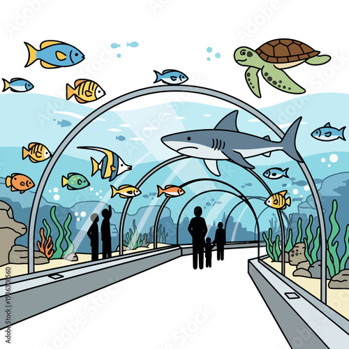 People walking through underwater aquarium tunnel with shark, turtle, and fish