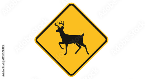 A deer crossing sign with a black silhouette on a yellow background indicates wildlife traffic warning.