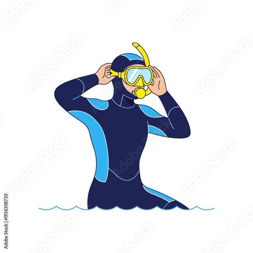 Scuba Diver Adjusting Mask in Water, Snorkeling Gear, Full Wetsuit, Ocean Activity