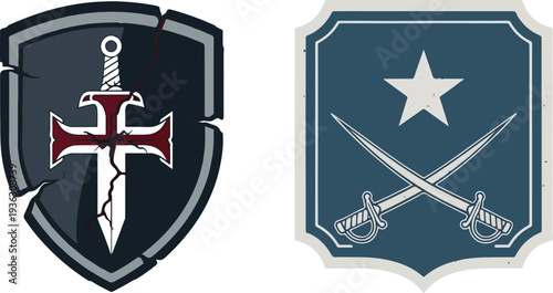 Cracked medieval shield with Templar cross and sword beside a military emblem with crossed sabers
