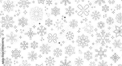 Intricate pattern of various hand-drawn line art snowflakes in black and white for winter season backgrounds and holiday wrapping paper.