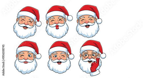 Collection of cheerful Santa Claus head illustrations showing different facial expressions like laughing, winking, and blowing a kiss.