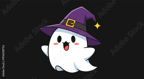 Cute cartoon ghost wearing a purple witch hat with a yellow buckle laughing happily against a solid black background for Halloween.