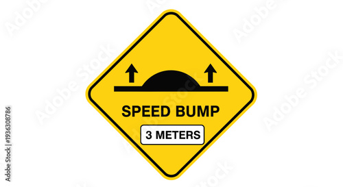 Yellow road sign with black border and text indicating a speed bump ahead on a road