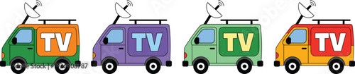 Cartoon TV Broadcast Vans Set with Satellite Antenna and Colorful Designs Vector Illustration Isolated on White Background for Media and News Concept