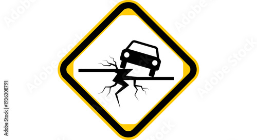Warning sign illustrating a car accident caused by tree roots on a road, viewed from directly ahead
