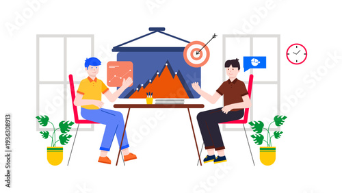 Two businessmen sitting at a desk discussing target achievements and sales growth depicted on a large screen