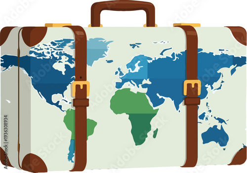 Retro travel suitcase with a world map design and leather straps isolated on transparent background