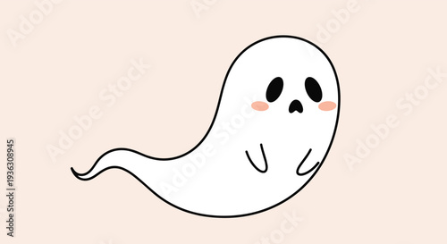 Sad little white ghost floating horizontally with a worried facial expression and pink blushing cheeks on a soft pastel background.