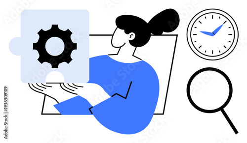 Woman presenting puzzle piece with gear, symbolizing problem-solving and process. Features clock and magnifying glass. Ideal for teamwork, analysis, strategy, productivity, time management