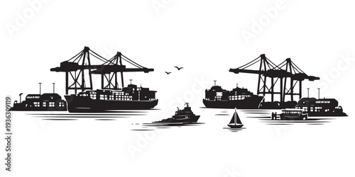 Busy Harbor Waterfront Silhouette, Silhouette Vector, Isolated on White Background